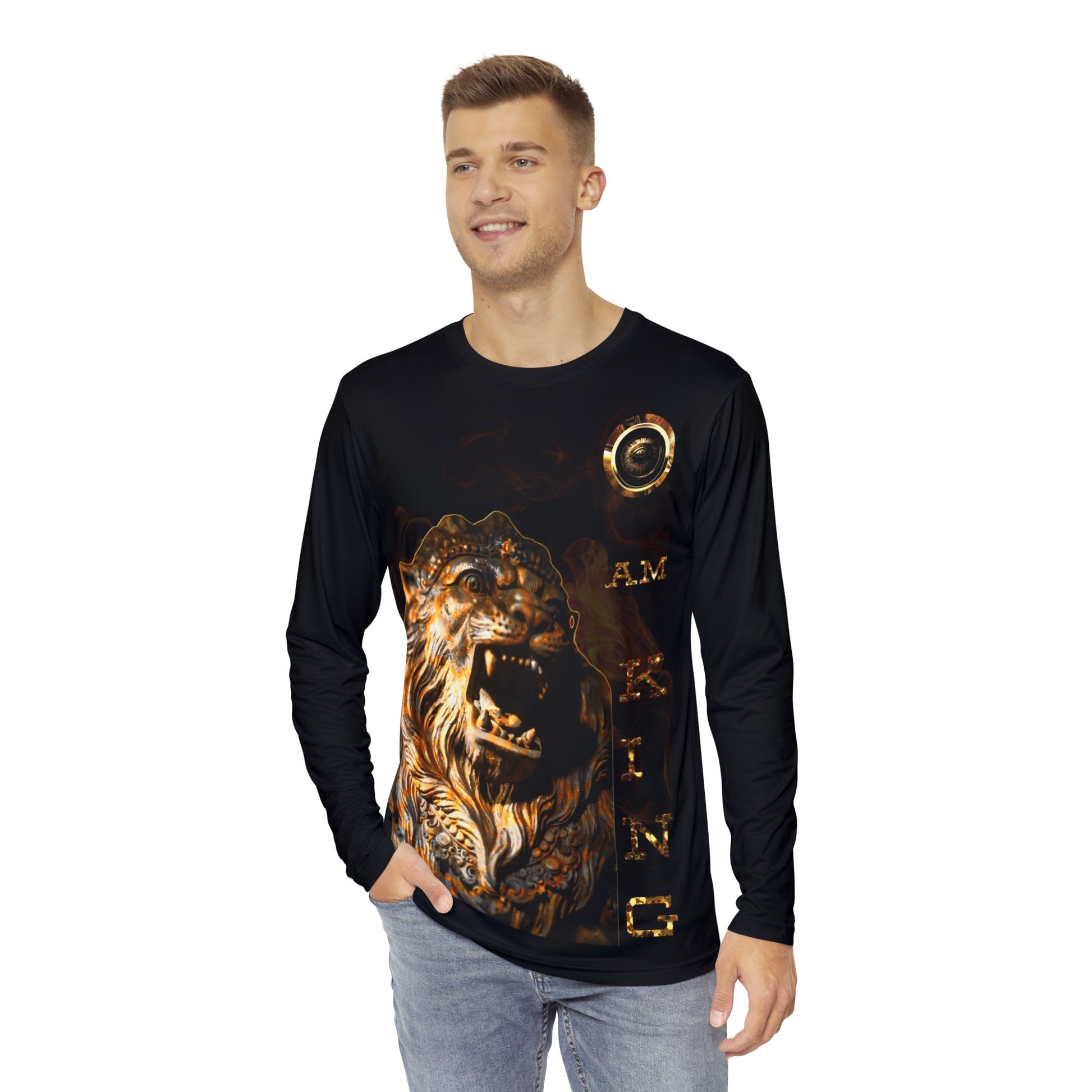 Men's Long Sleeve Lion Print Shirt - I Am King, Graphic Tee, Black